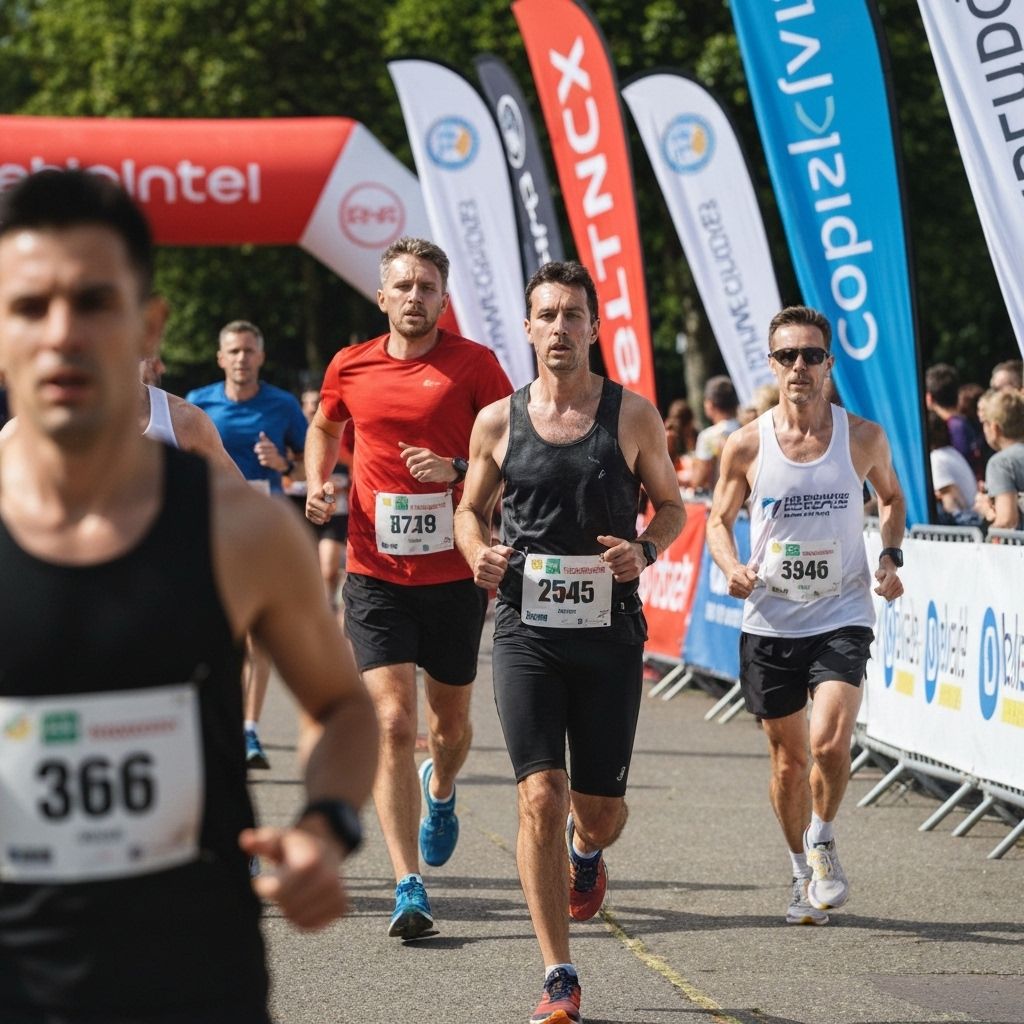 Corredores en evento deportivo con sponsors